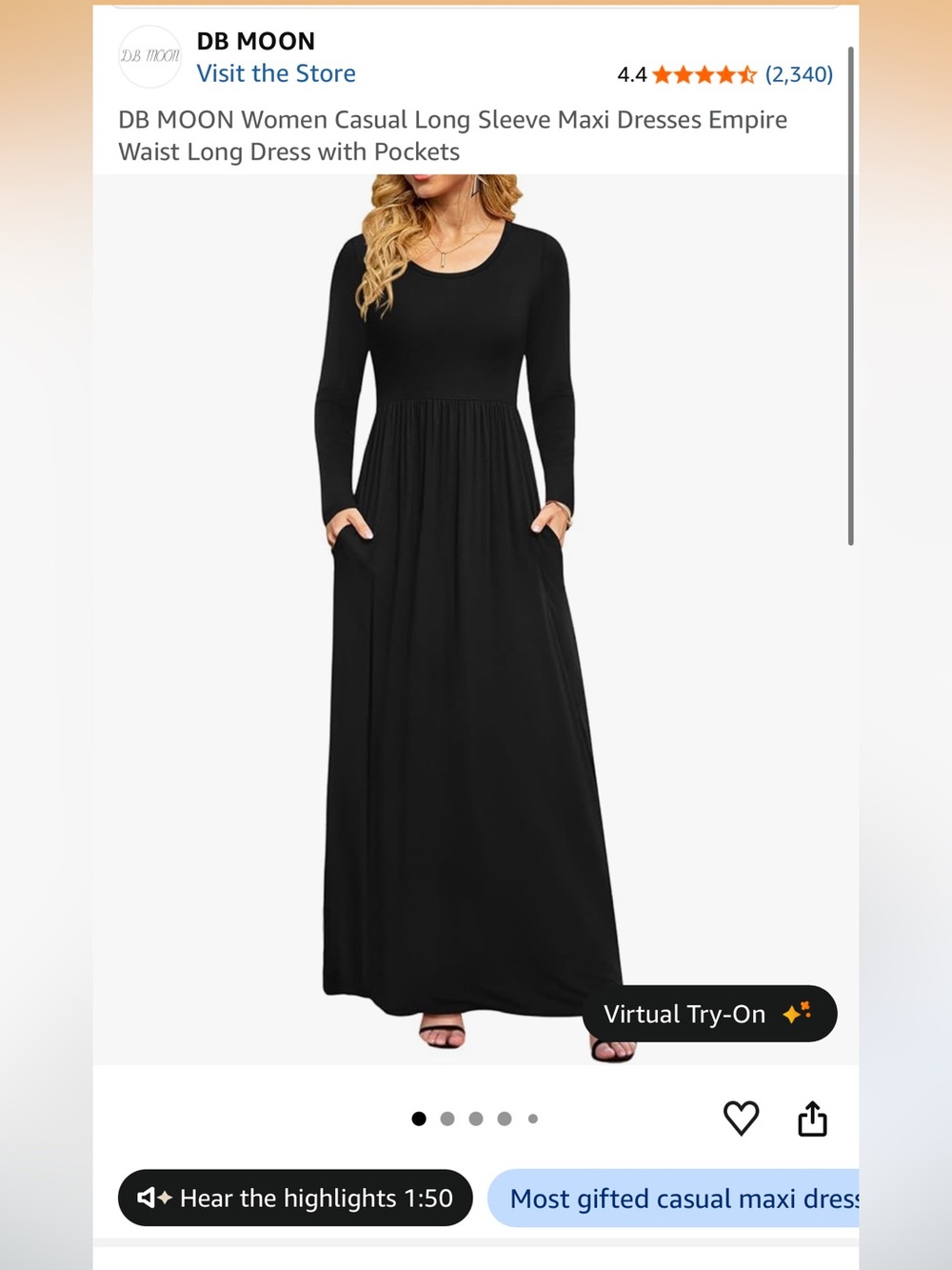 DB MOON Women's Black Long Sleeve Maxi Dress with Pockets